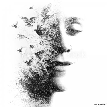Double Exposure portrait of an elegant woman with closed eyes combined with hand made pencil drawing of a flock of birds flying freely resembling disintegrating particles of her being, black