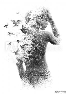 Paintography. Double exposure of a shirtless male model combined with handmad... - 901155751