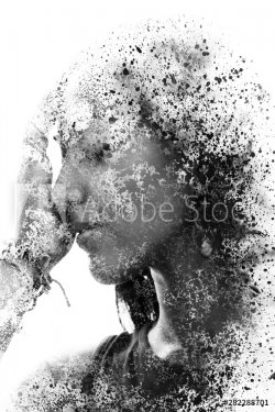 Paintography. Double Exposure portrait of a beautiful ethnic woman combined with hand drawn ink painting created with splatter effect. Black and white