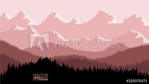 Tranquil backdrop, pine forests, mountains in the background. red brown tones, flying birds. Reflection and glare from the sun on the mountain tops.
