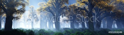 Trees in the sun, fog and forest, a park in the haze, 3D rendering