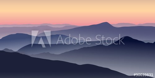 Vector illustration of a misty sunrise in the blue mountains
