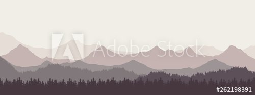 Widescreen realistic illustration of mountain landscape with forest and hills under retro gray sky and fog, vector suitable as banner