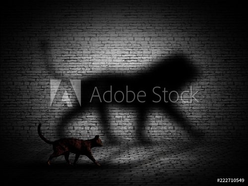 3D cat walking with lion shaped shadow against a brick wall - 901155858
