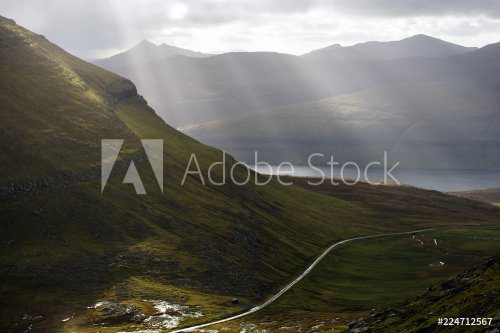 areal view of mountain road in Faroe Islands - 901155880