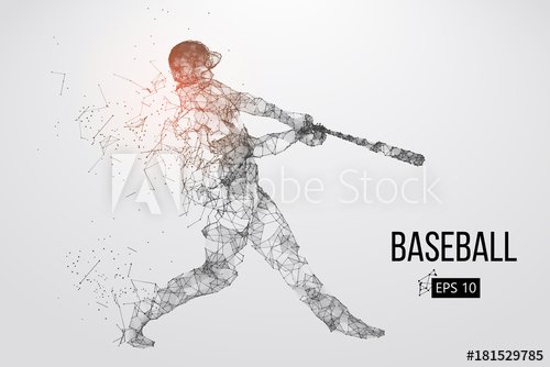 Silhouette of a baseball player. Dots, lines, triangles, text, color effects ... - 901155915