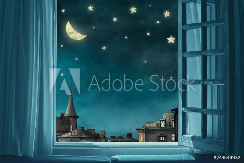surreal fairy tale art background, view from room with open window - 901155905