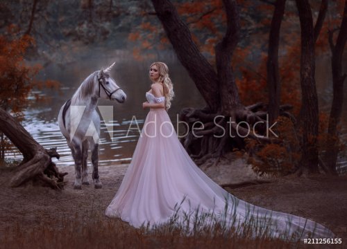 The princess met a unicorn in the forest. The blonde girl with a gentle make-... - 901155906
