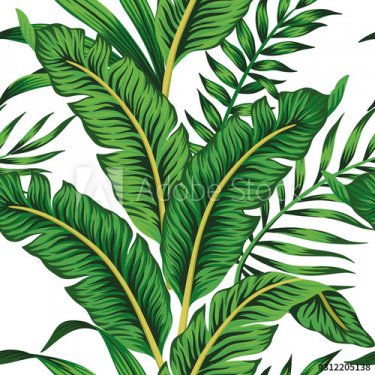 Tropical green banana leaves seamless pattern white background. Exotic jungle wallpaper.