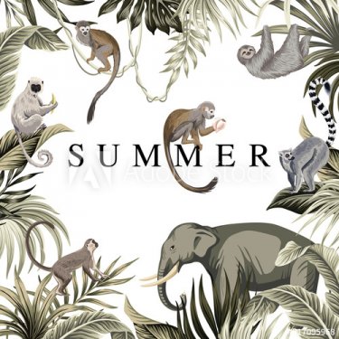 Tropical summer slogan palm leaves, wild animals, monkey, elephant,lemur, slo... - 901156015