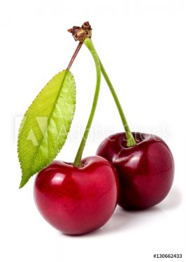 Two cherries with leaf closeup isolated on white background - 901155999