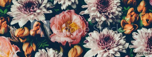 Vintage bouquet of beautiful flowers on black. Floral background. Baroque old fashiones style.