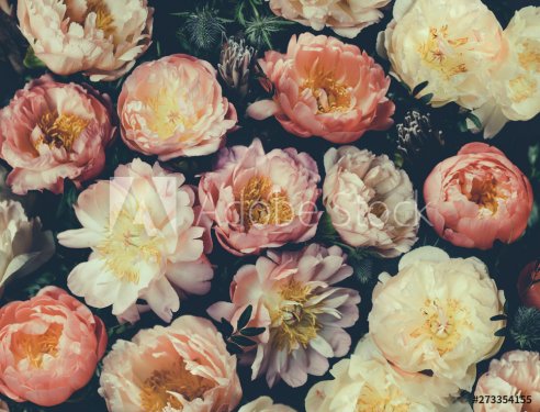 Vintage bouquet of pink and white peonies. Floristic decoration. Floral background. Baroque old fashiones style image.