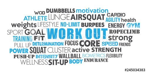 Workout sport word cloud concept text is outline blue and dark greyconcept text is outline