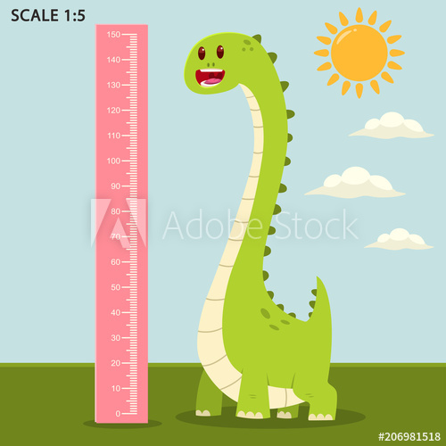 Kids meter wall with a cute dinosaur and measuring ruler. Vector cartoon illustration of an animal in summer landscape.