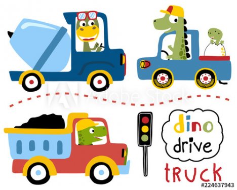 Vector set of driving trucks with dinos cartoon - 901156026