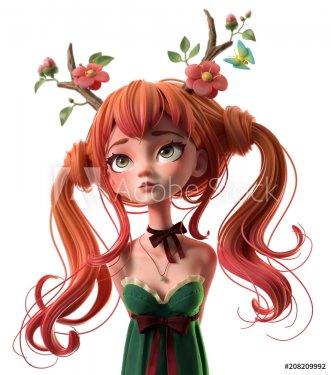 3d cartoon character red-haired girl in a green dress. Dreaming girl with two tails wearing floral antlers. Princess of the forest. Druid girl. Deer girl. Ginger girl. 3d rendering on white background