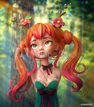 3d cartoon character red-haired girl in a green dress with hands behind her back walks through the forest. Portrait of an elegant, long-haired woman with two tails wearing deer horns. 3d rendering.