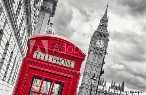 5 min before 12 o`clock in London at the Big ben with red telephone box - 901152774