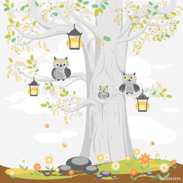 A family of owls on a tree in spring, cute cartoon characters