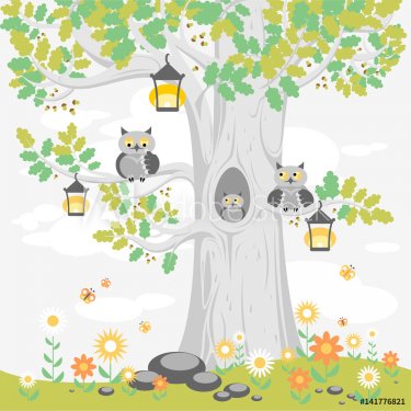 A family of owls on a tree in summer, cute cartoon characters - 901151695