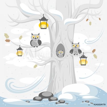 A family of owls on a tree in winter, cute cartoon characters.  Illustration for posters, banners, cards, and other design projects for children.