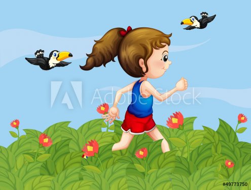 A girl walking at the garden with birds