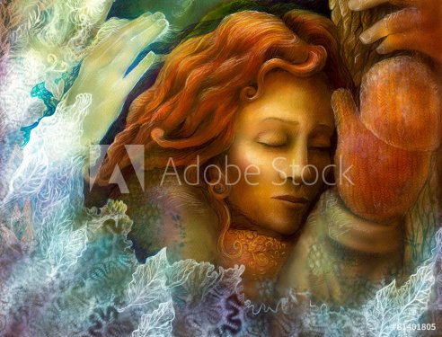 A head of a dreaming fairy woman with red hair and winter glowes - 901146355