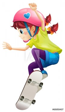 A lady with a pink helmet skateboarding
