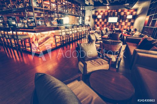 A modern restaurant cafe interior with chair, table, sofa, lighting and bar d... - 901154250
