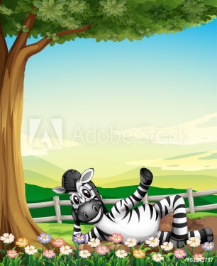 A smiling zebra under the tree near the flowers