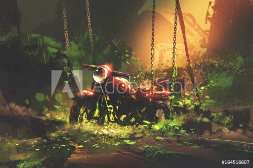 abandoned rusty motorbike in overgrown vegetation, digital art style, illustr... - 901151890