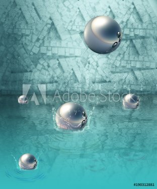 Abstract, background, balls fall into the water. 3D rendering.