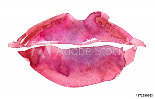 Abstract big pink woman lips painted in watercolor on clean white background