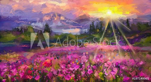 Abstract colorful oil painting purple cosmos flower, rhododendron flowers, wildflower in field. Violet, red wildflowers at meadow with sunrise and blue sky. Spring, summer season nature background