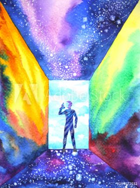 abstract human mind in universe world spiritual illustration watercolor paint... - 901153477