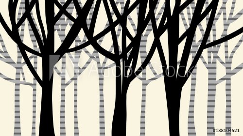 abstract nature design of trees in a forest with black silhouette of trunk and branches in foreground and gray striped birch or spotted tree bark concept in background