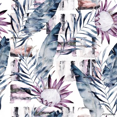 Abstract print with marble random elements and watercolor leaves, flowers. Ex... - 901153811