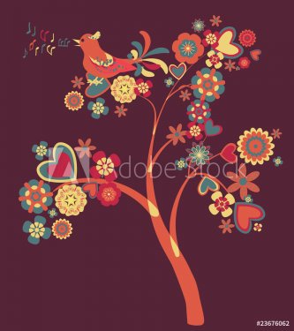 abstract tree with flowers and heart blooms