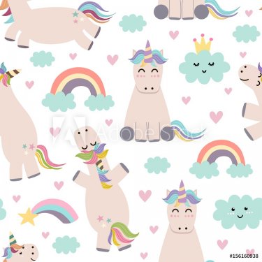 Adorable unicorn, rainbows and clouds seamless pattern. Cute background for baby and children design. Vector illustration