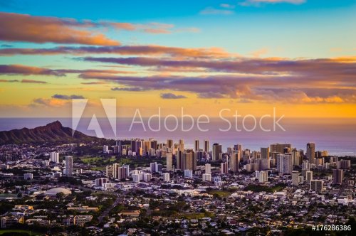 Aerial Purple and Gold Sunset Above Honolulu Skyline in Hawaii - 901151421