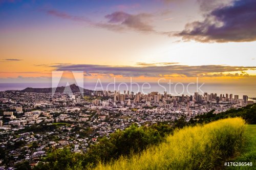 Aerial Purple and Gold Sunset Above Honolulu Skyline in Hawaii - 901151423