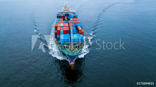 Aerial view from drone, container ship or cargo ship in import export and business logistic.