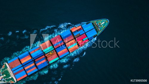 Aerial view from drone, container ship or cargo ship in import export and bus... - 901152641