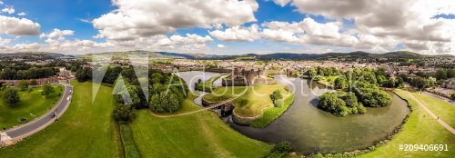 Aerial view of Caerphilly castle in summer, Wales - 901154422