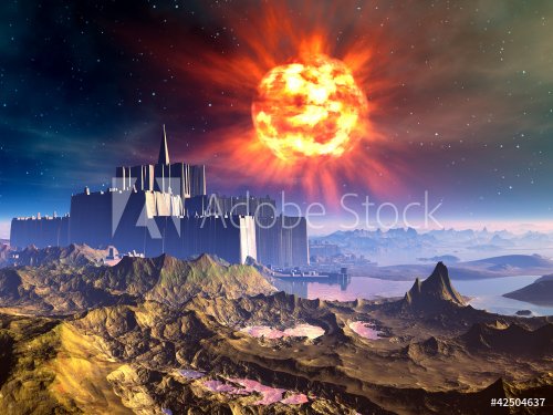 Alien Castle Fortress Under Exploding Sun