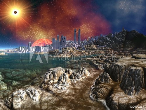 Alien City Ruins by Ocean under Twin Suns - 900462474
