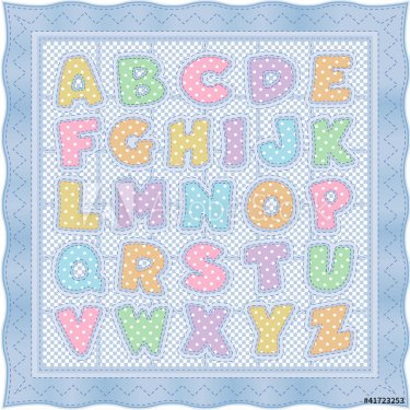 Alphabet Baby Quilt, pastel polka dots gingham blue satin border - 900453107