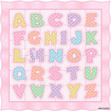Alphabet Baby Quilt, pastel polka dots gingham pink satin border - 900453106