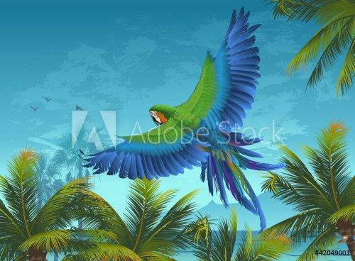 Amazon. Tropical background with parrots and palm trees.